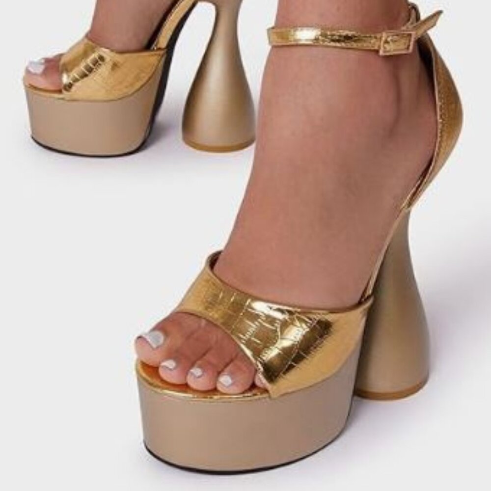 EGO Radiate Gold Faux Croc High Heel Platform with Ankle Strap Size Misses 6
